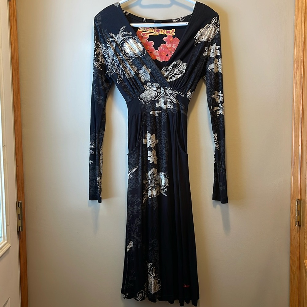 Desigual Black Floral Wrap-Style Long Sleeve Dress